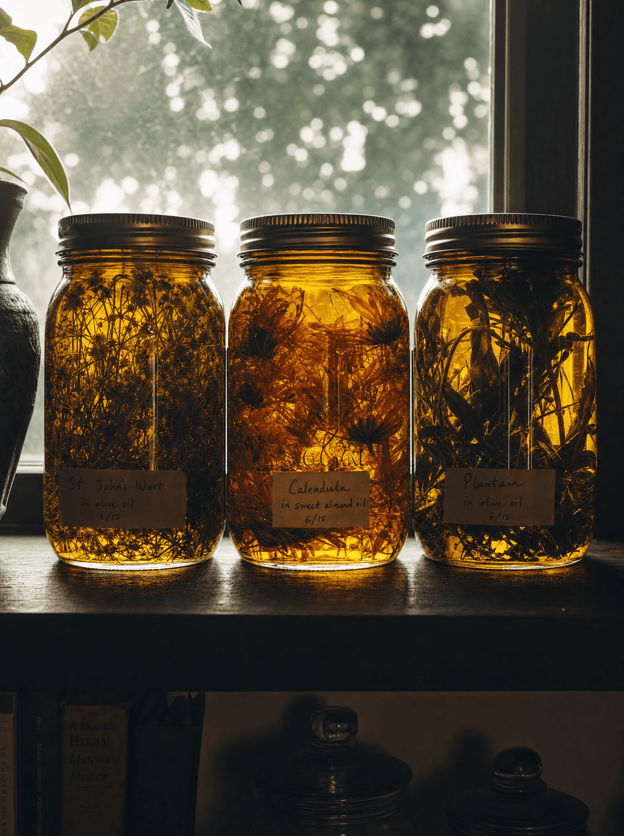 Botanical oils slow-infusing in amber jars