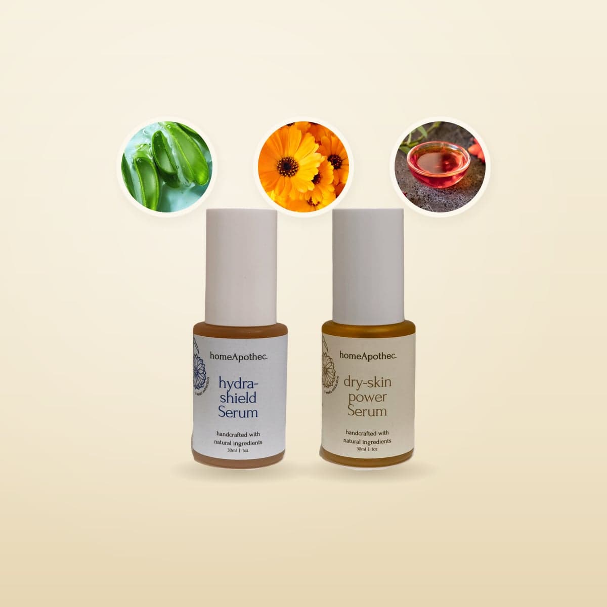 HydraShield Serum and Dry Skin Power Serum with aloe, calendula and rosehip