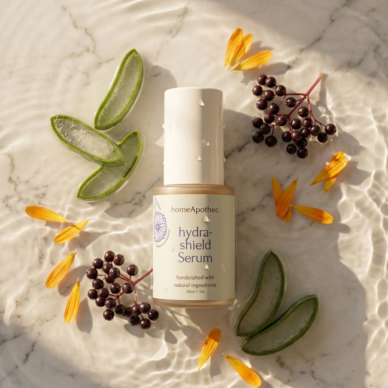 HydraShield Serum with flowers on tray