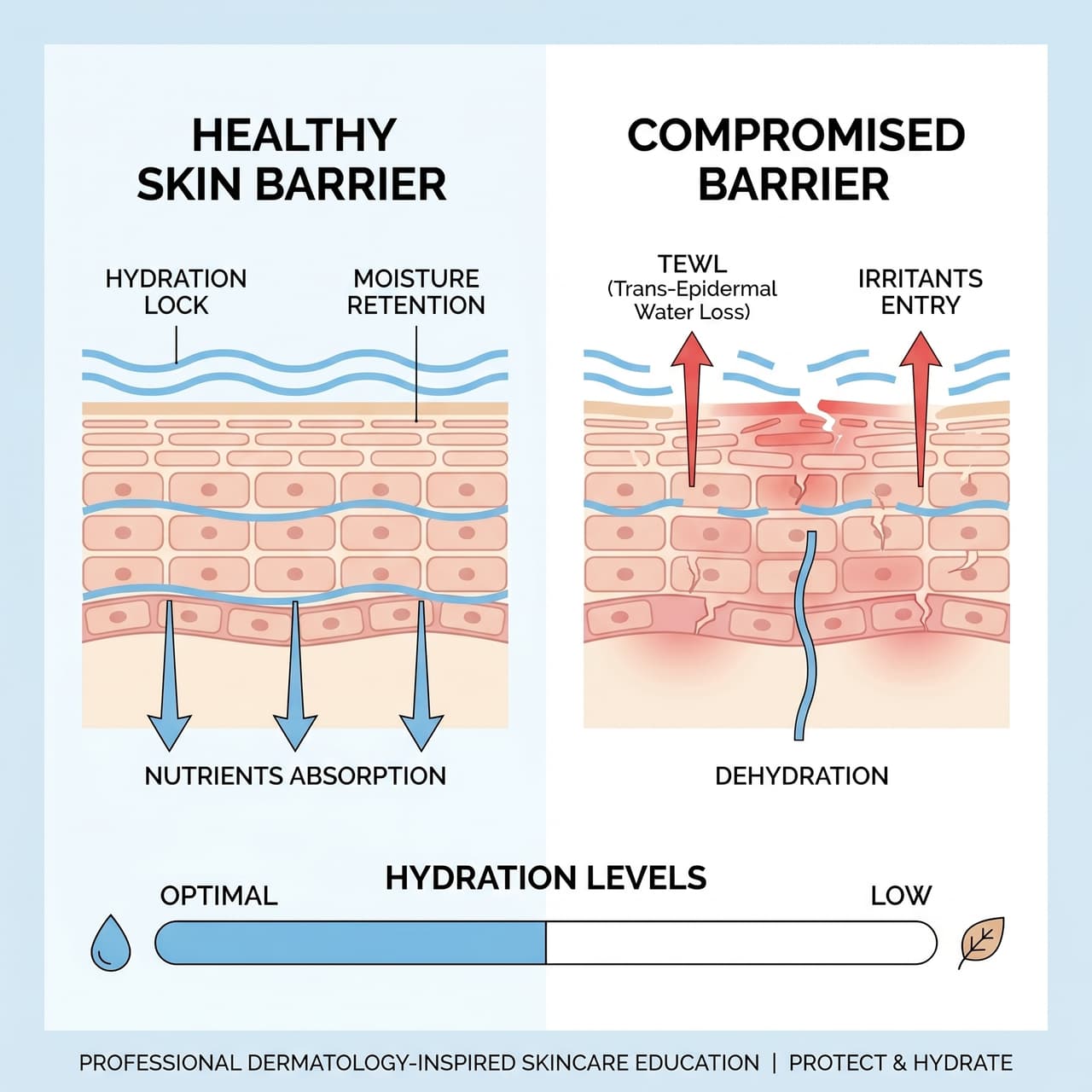 Healthy vs. compromised skin barrier diagram