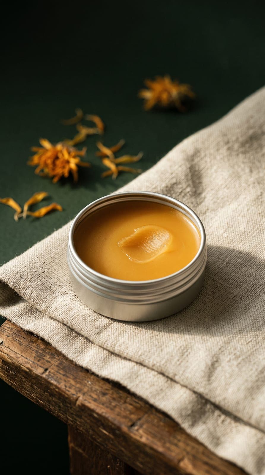 An open tin of Relief Balm on linen