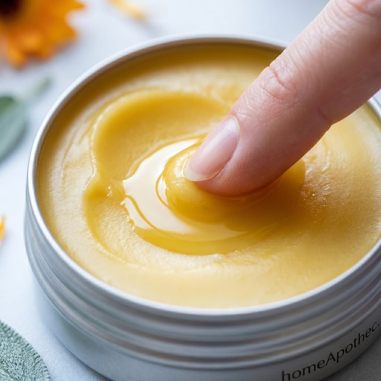 A fingertip in an open tin of Relief Balm