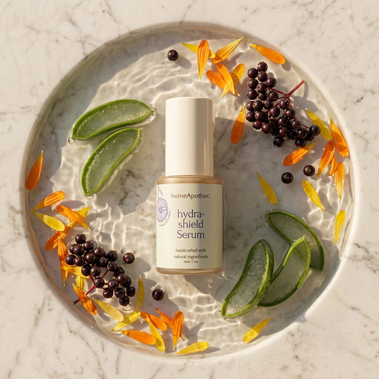 HydraShield Serum on a round marble tray in shallow water with cut aloe, elderberries and calendula petals