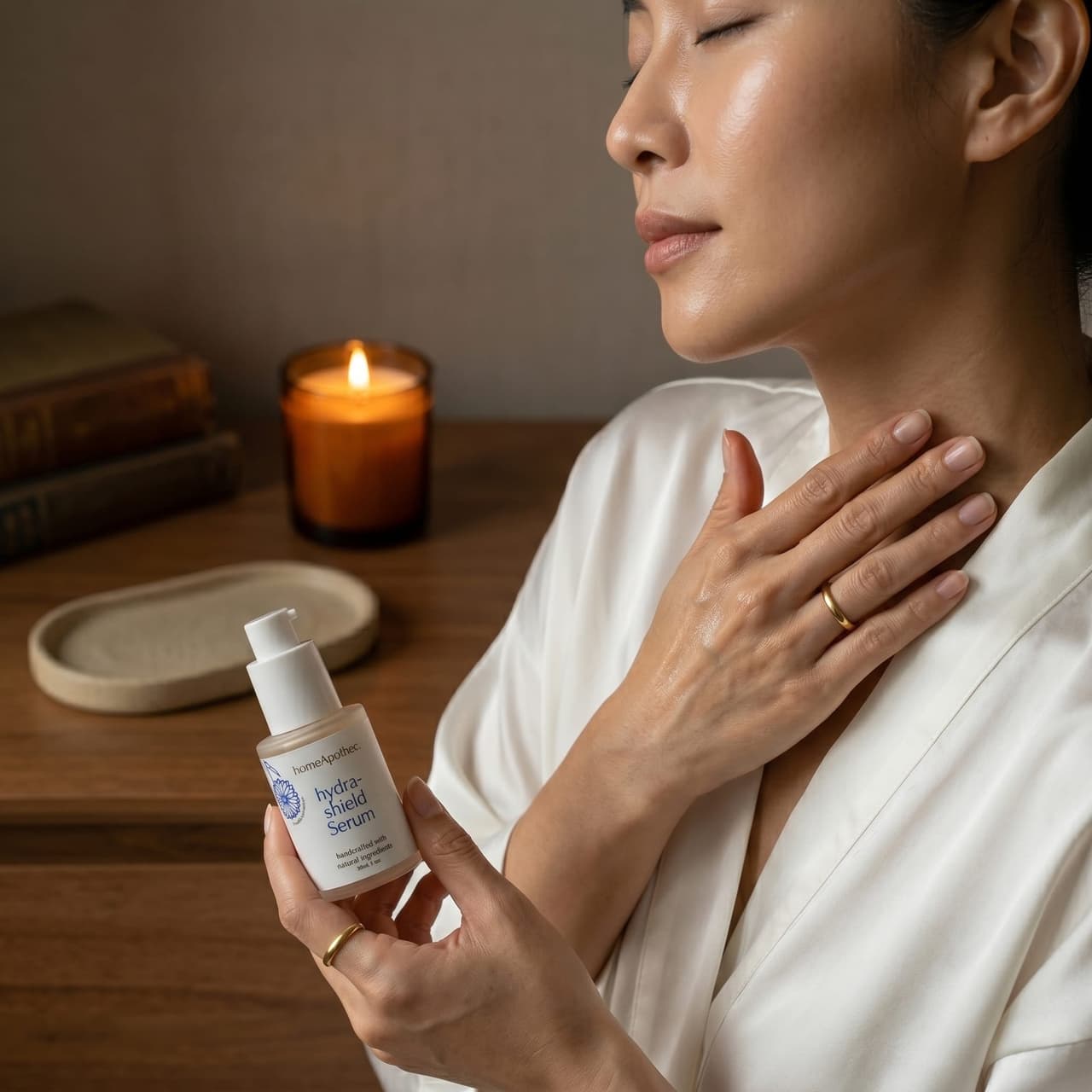A woman in a white robe holding HydraShield Serum, with a lit candle on the table behind her