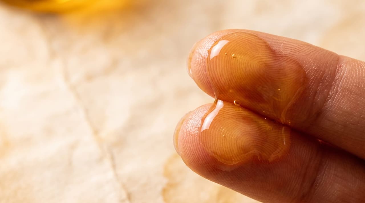 Golden oil on two fingertips