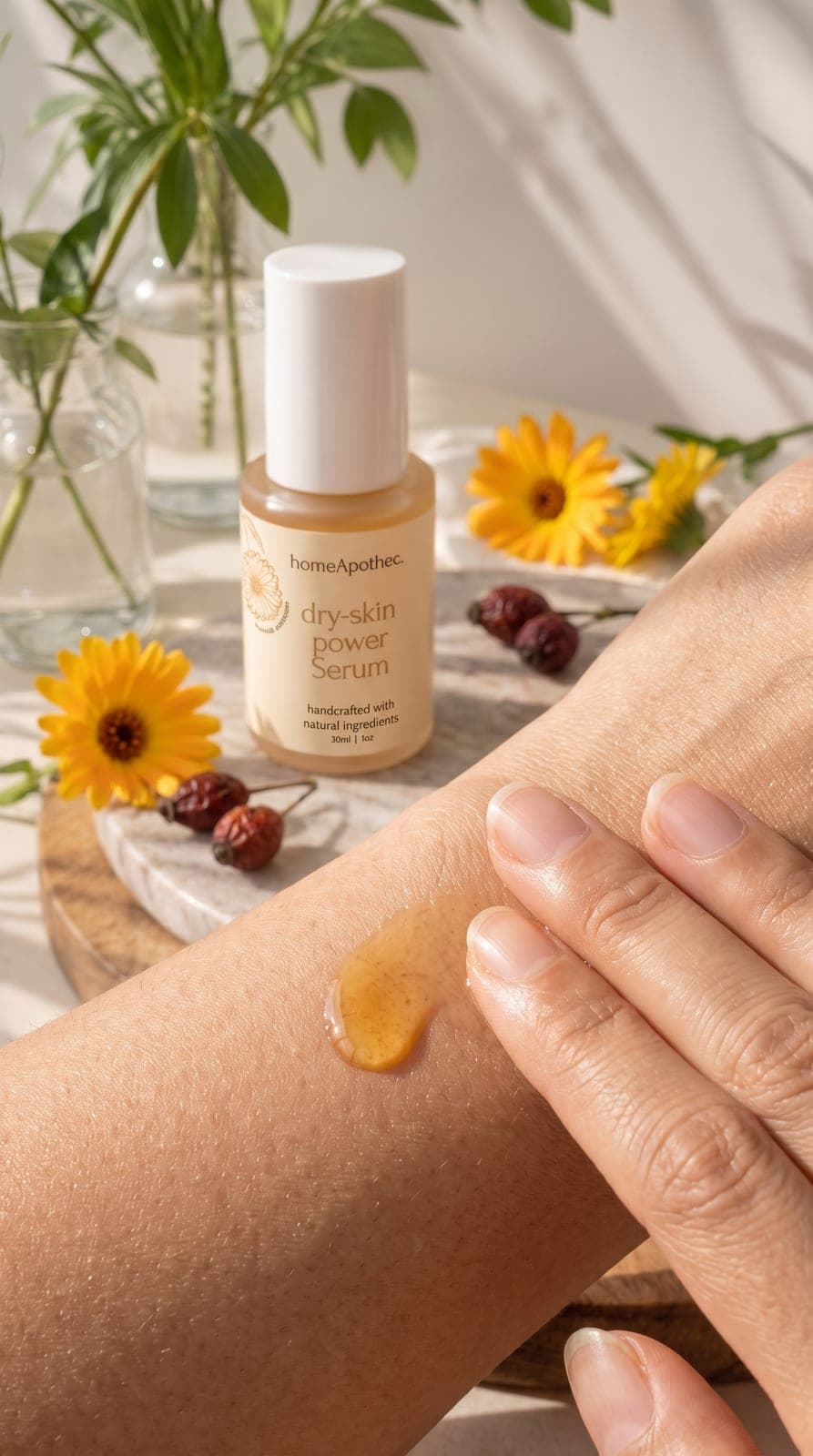 Dry Skin Power Serum on a marble tray with calendula flowers and rosehips, beside a forearm with a drop of oil