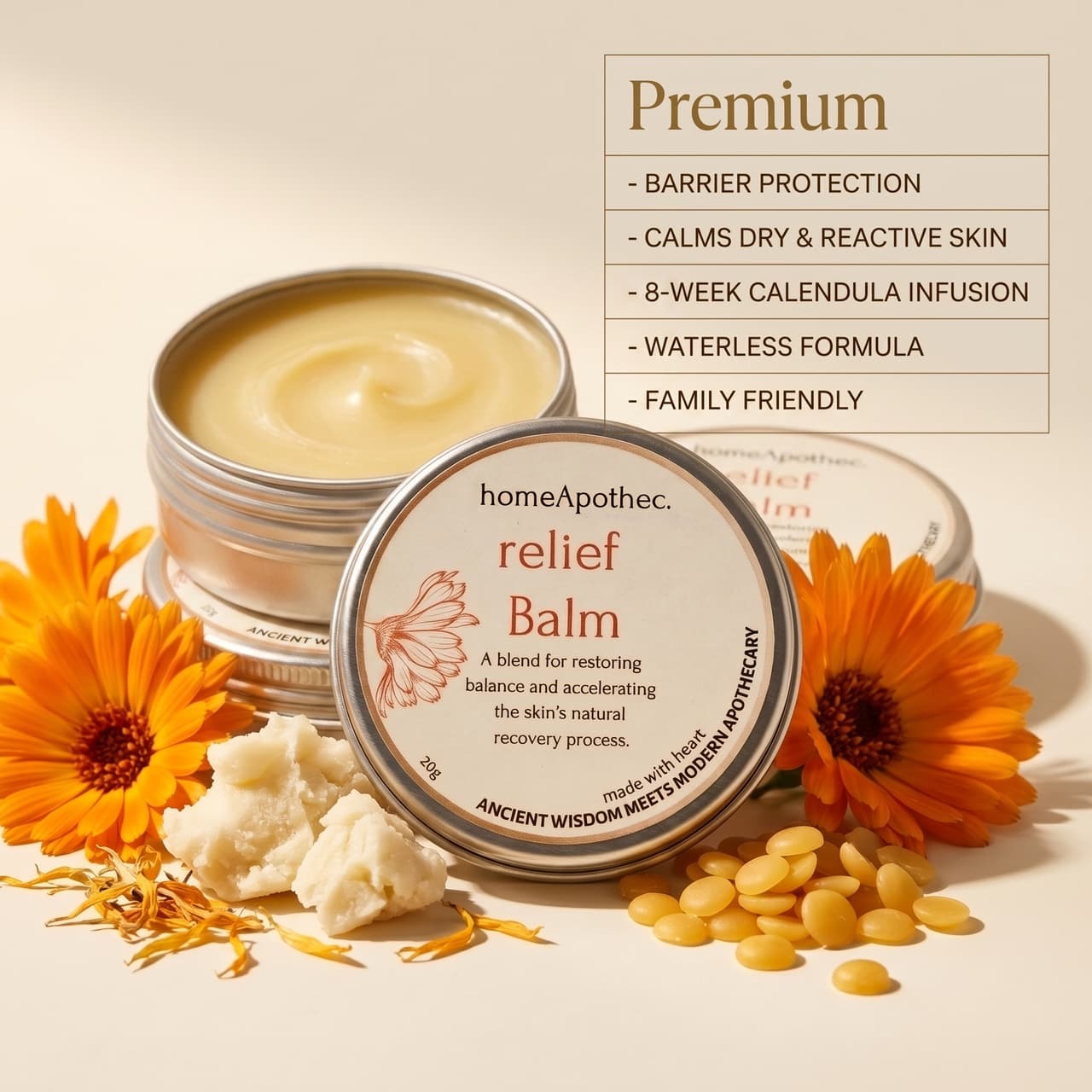 Relief Balm open tin with calendula and botanical ingredients