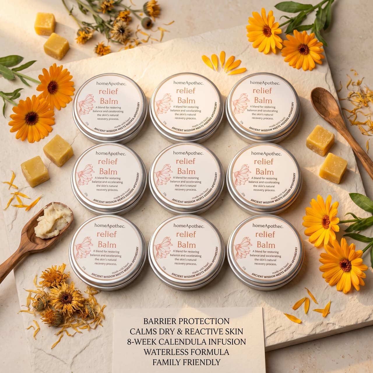 Relief Balm 9-Pack — nine tins with calendula and beeswax